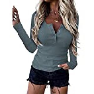 Henley Stretchy Crew Neck Ribbed Button Fitted Top